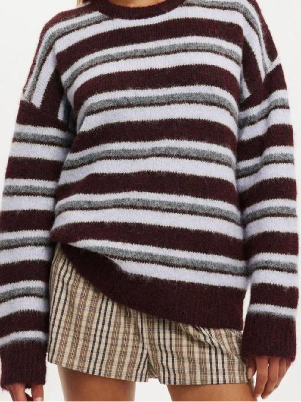 Cotton On Maroon and Light Blue Striped Crew Sweater